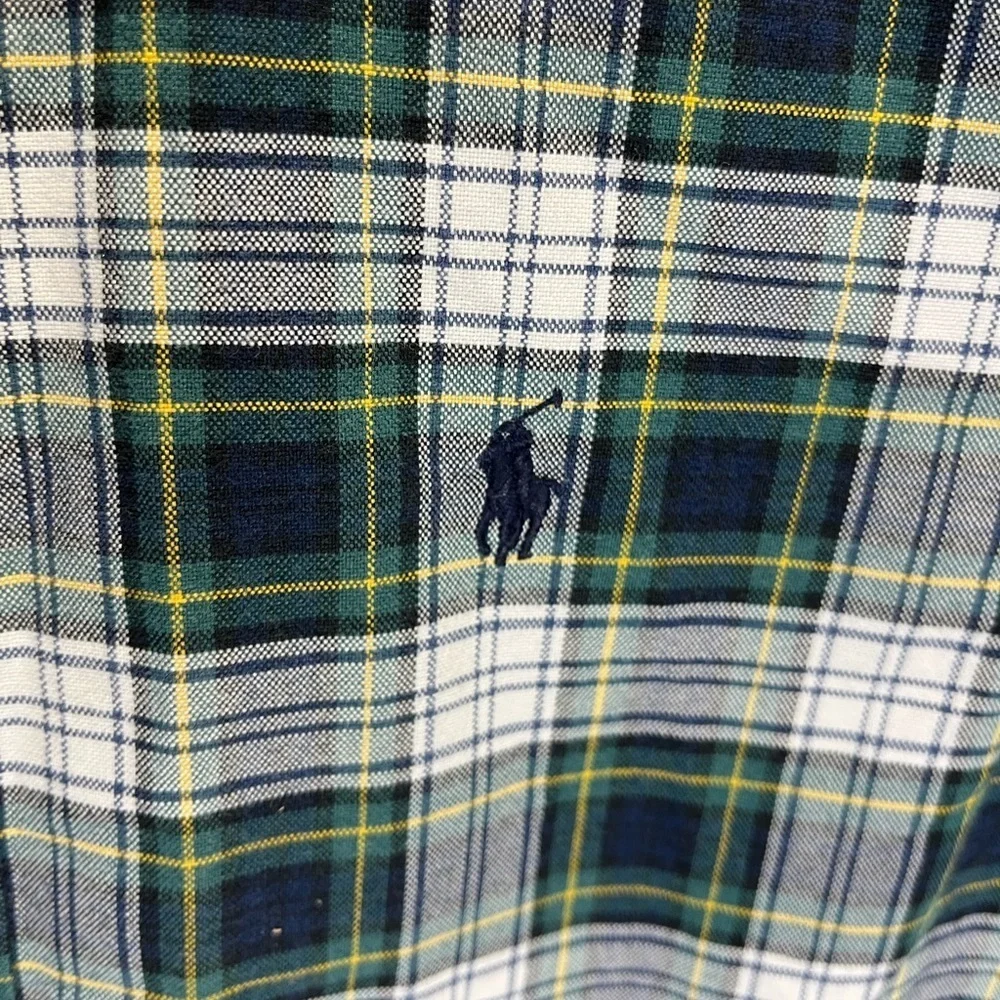 Ralph Lauren Boys Medium Green White Navy Plaid Button Down Shirt